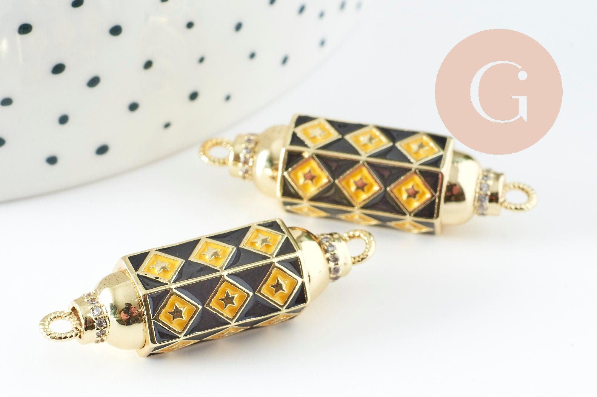 Pendentif Connecteur tube talisman Damier zircons blancs laiton doré 18K 34mm, x1 (G9433)