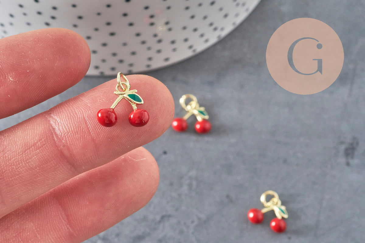 Colgante cereza dorado esmaltado rojo latón chapado en oro 18K 11mm, x1 (G8582)