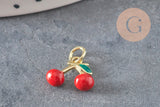 Colgante cereza dorado esmaltado rojo latón chapado en oro 18K 11mm, x1 (G8582)