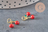 Colgante cereza dorado esmaltado rojo latón chapado en oro 18K 11mm, x1 (G8582)