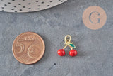 Colgante cereza dorado esmaltado rojo latón chapado en oro 18K 11mm, x1 (G8582)