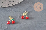 Colgante cereza dorado esmaltado rojo latón chapado en oro 18K 11mm, x1 (G8582)