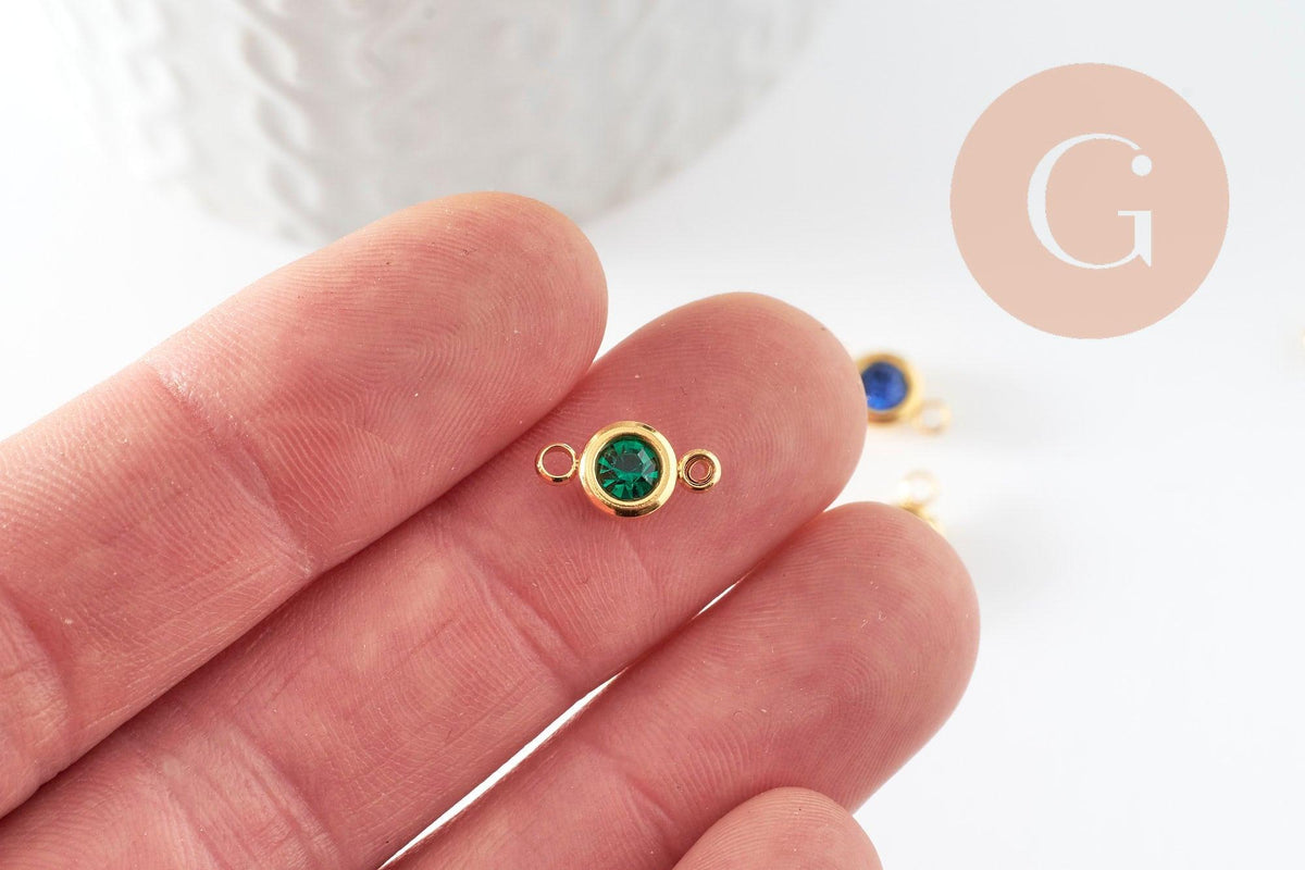 Pendentif connecteur rond acier 304 inoxydable doré zircon coloré 12mm, x1 (G9582)