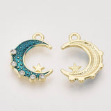 Pendentif croissant de lune étoiles cristal émaillé bleu turquoise zamac or 20mm, pendentif or émaillé, sans nickel, x1 (G5918)