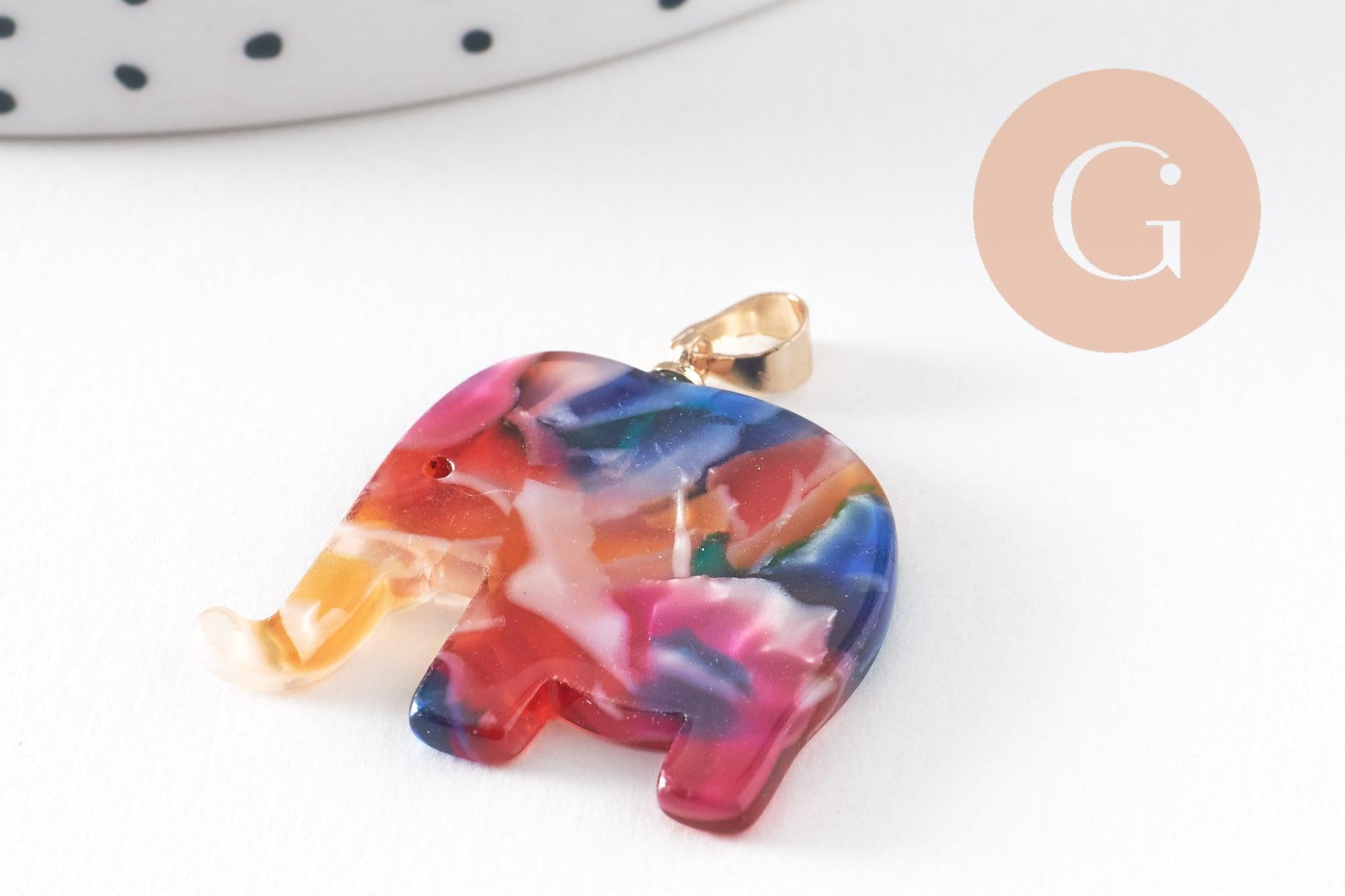 Pendentif éléphant écaille multicolore acétate laiton doré, 27mm, x1 (G4038)
