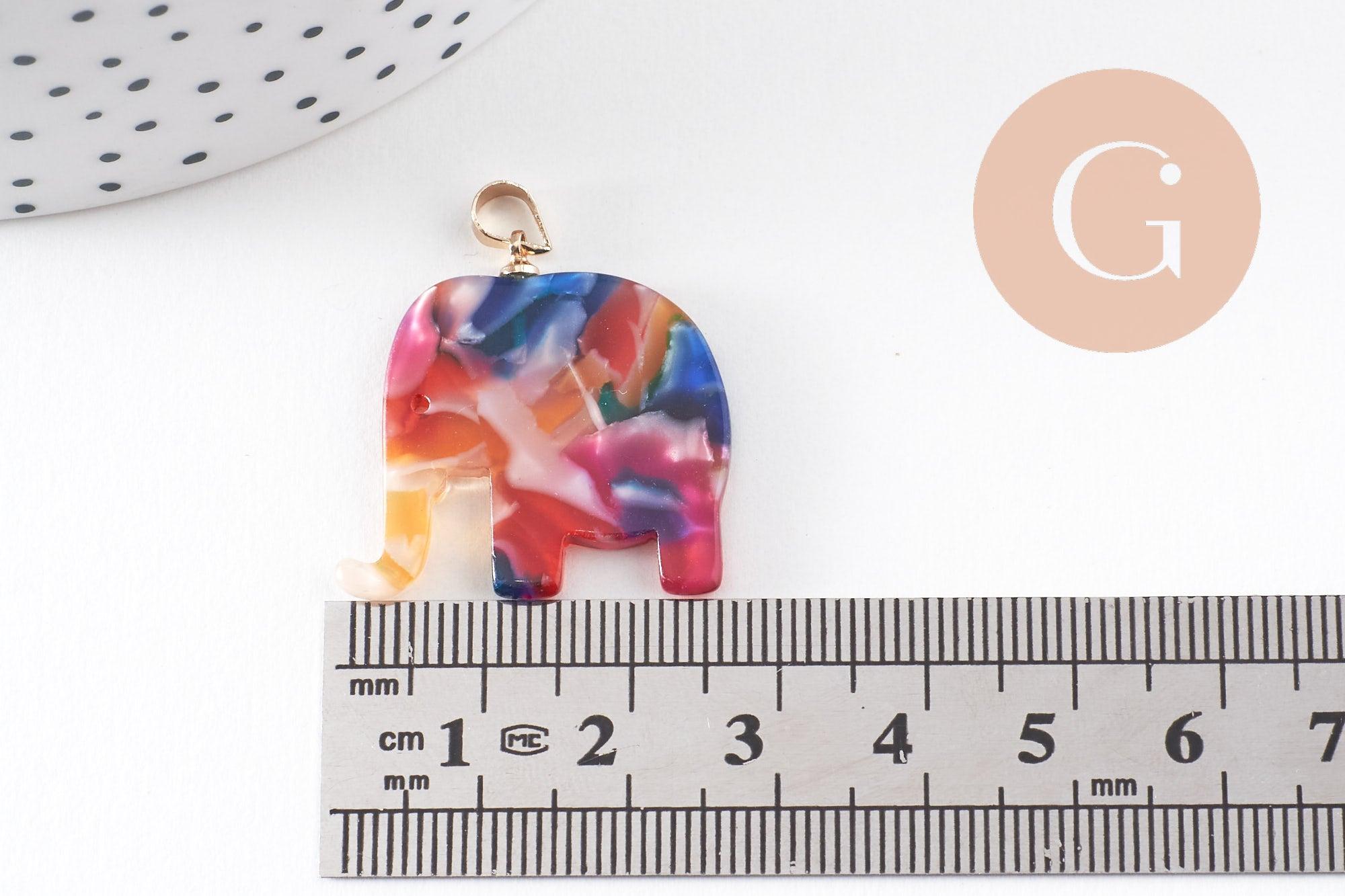 Pendentif éléphant écaille multicolore acétate laiton doré, 27mm, x1 (G4038)