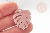 Pendentif estampe filigrane feuille monsterosa laiton rose, Pendentif très fin et léger,32 x 32 mm, x2 (G3698)
