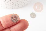 Pendentif estampe filigrane rond fleur dentelle laiton platine 14mm, Pendentif léger pour création bijoux argent, x2 (G9304)