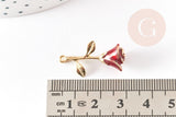 Pendentif fleur rose émail rouge laiton doré 27mm, x1 (G3245)