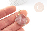 Pendentif hexagone améthyste violette, pendentif pierre,support doré ou argenté, 33mm, x1 (G3104)