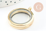 Pendentif locket medaillon vitrine aimanté verre zamac doré 37mm, x1 (G9932)
