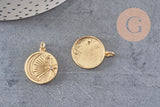 Pendentif lune rond gravé laiton doré 16K étoile zircon 20.5mm, un pendentif doré avec des cristaux pour la création de bijoux, x1 (G5960)