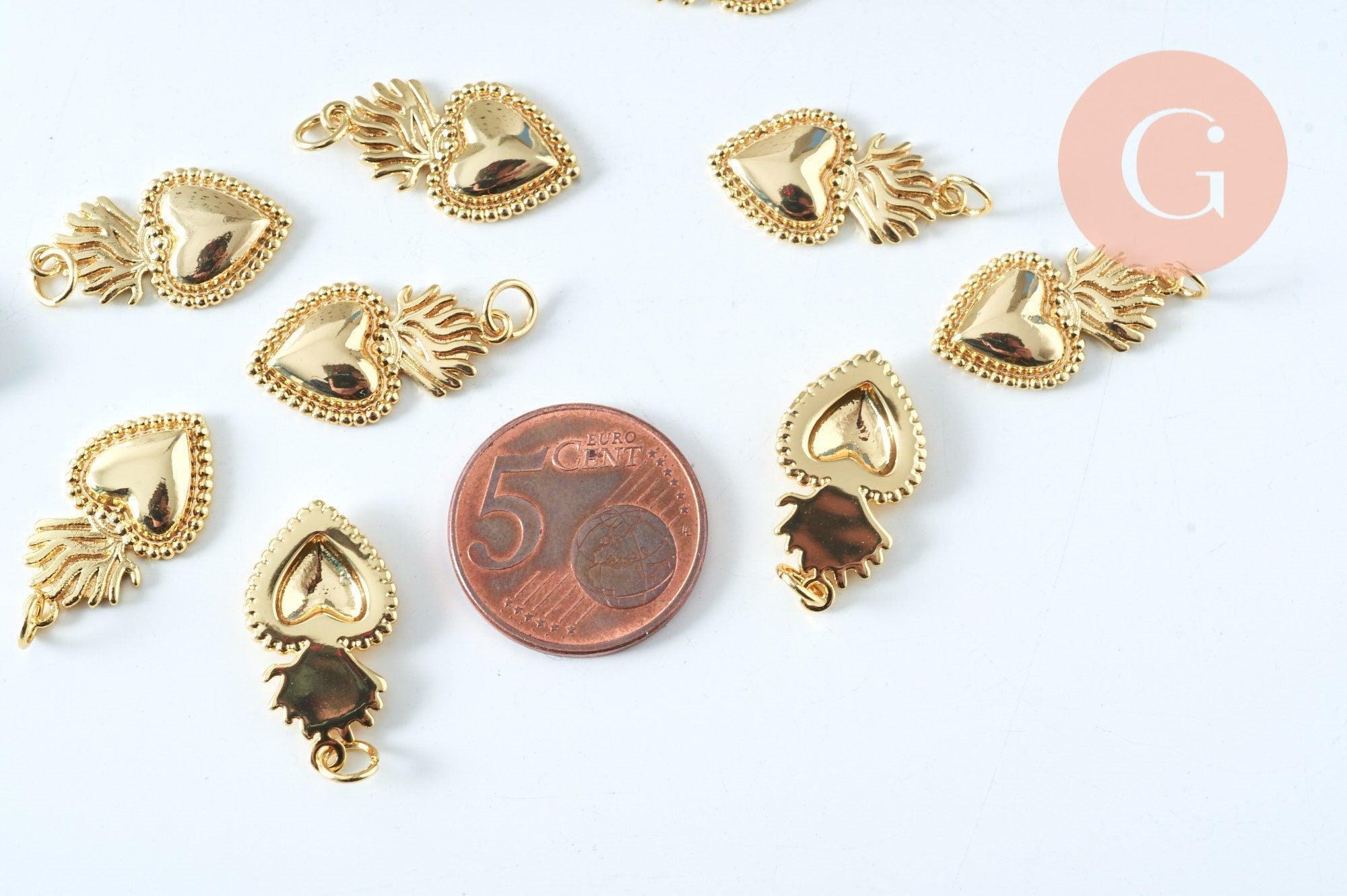 Pendentif médaille coeur sacré laiton doré 22mm, x1 (G6181)