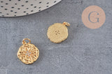 Pendentif médaille doré cristal zircon, pendentif doré,porte-bonheur,laiton dore,bijou médaille,création bijoux,17mm, x1 (G0482)