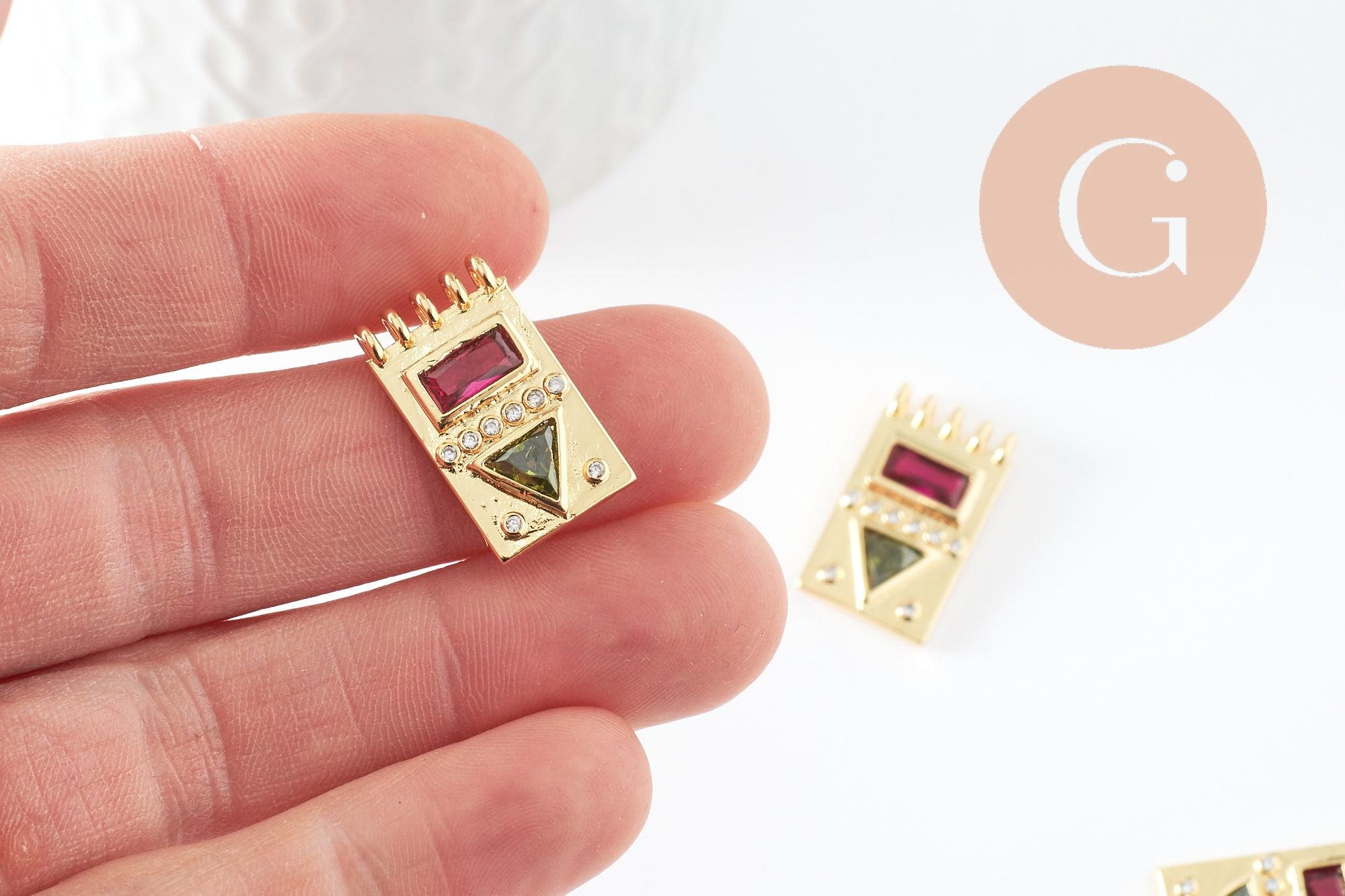 Pendentif médaille rectangle laiton doré zircon coloré, un pendentif doré avec cristaux pour création bijoux,14.5mm, x1 G3779