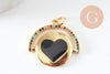 Pendentif médaille rond coeur émail laiton doré et zircon 21mm, x1 (G6191)