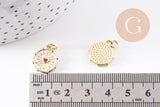 Pendentif médaille rond coeur sacré émail blanc laiton doré 15mm, x1 (G10169)