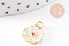 Pendentif médaille rond coeur sacré émail blanc laiton doré 15mm, x1 (G10169)