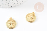 Pendentif médaille ronde boussolle étoile laiton doré 18K 21.5mm, x1 (G5330)