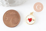 Pendentif médaille ronde coeur oeil émail rouge laiton doré ,pendentif laiton amour 14mm, x1 (G4292)
