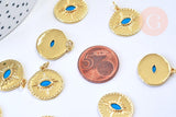 Pendentif médaille ronde oeil émail bleu laiton doré 18K et cristal zircon,pendentif laiton chance pour création bijoux,19mm, x1 G5645