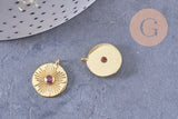 Pendentif médaille ronde soleil laiton doré zircon rouge 16.5mm, x1 (G3473)