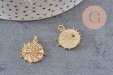 Pendentif médaille ronde soleil laiton doré zircon, un pendentif doré avec cristaux pour création bijoux,18mm, x1 G3469
