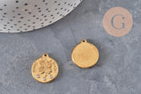 Pendentif médaille trèfle 4 feuilles en acier doré avec zircons, 20mm, pour création de bijoux DIY.