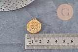 Pendentif médaille trèfle 20mm en acier doré avec zircons et inscription Good Luck Always sur fond gris.