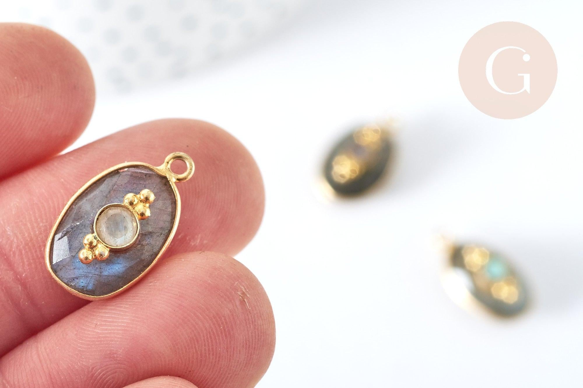 Pendentif ovale amulette labradorite argent 925 doré 18K 30mm, pendentif pierre naturelle, x1, G7714