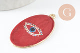 Pendentif ovale oeil protecteur émail rouge bordeau zamac doré 39mm, pendentif laiton émaillé,sans nickel, x1 (G5915)