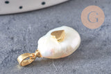 Pendentif perle naturelle Keshi coeur dorée,porte bonheur,perle eau douce,création bijou,perle naturelle blanche,17-27mm, x1 (G3091)