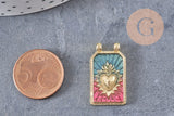 Pendentif rectangle émaillé coeur sacré laiton doré 26.5mm, x1 (G10944)