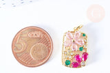 Pendentif rectangle fleurs laiton doré 16k cristal 21.5mm, x1 (G6676)