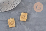 Pendentif rectangulaire doré en acier inoxydable 25mm avec trèfle à quatre feuilles et zircon central.