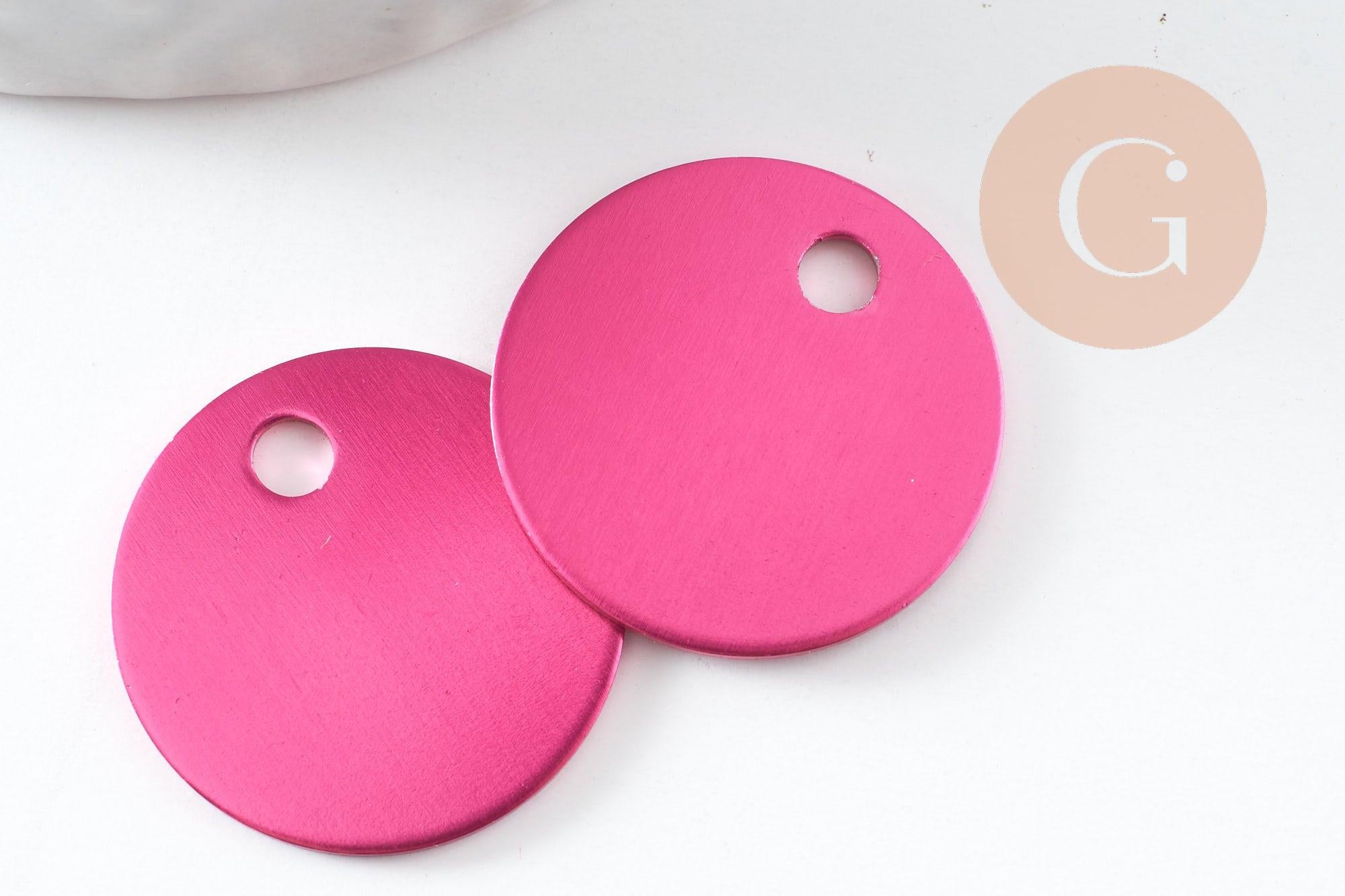 Pendentif rond aluminium rose fuchsia à graver 20mm, x1 (G10186)