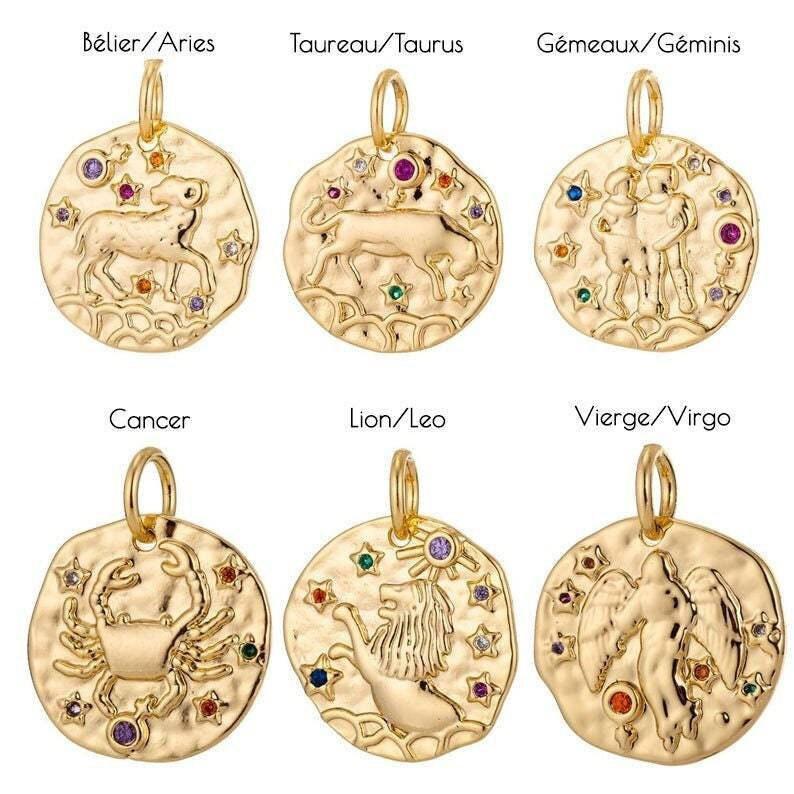 Pendentif rond constellation laiton doré zircons colorés 14-15mm, x1 (G5274)