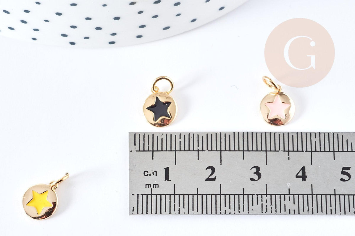 Pendentif rond étoile émail coloré laiton doré 18K 10mm,x1 (G8581)