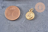 Pendentif rond lune étoiles laiton doré 16K étoile zircon 15.3mm, x1 (G5998)