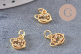 Pendentif rond planète et étoiles laiton doré 18K zircon, un pendentif doré avec cristaux pour création bijoux,10.5mm, x1 G5517