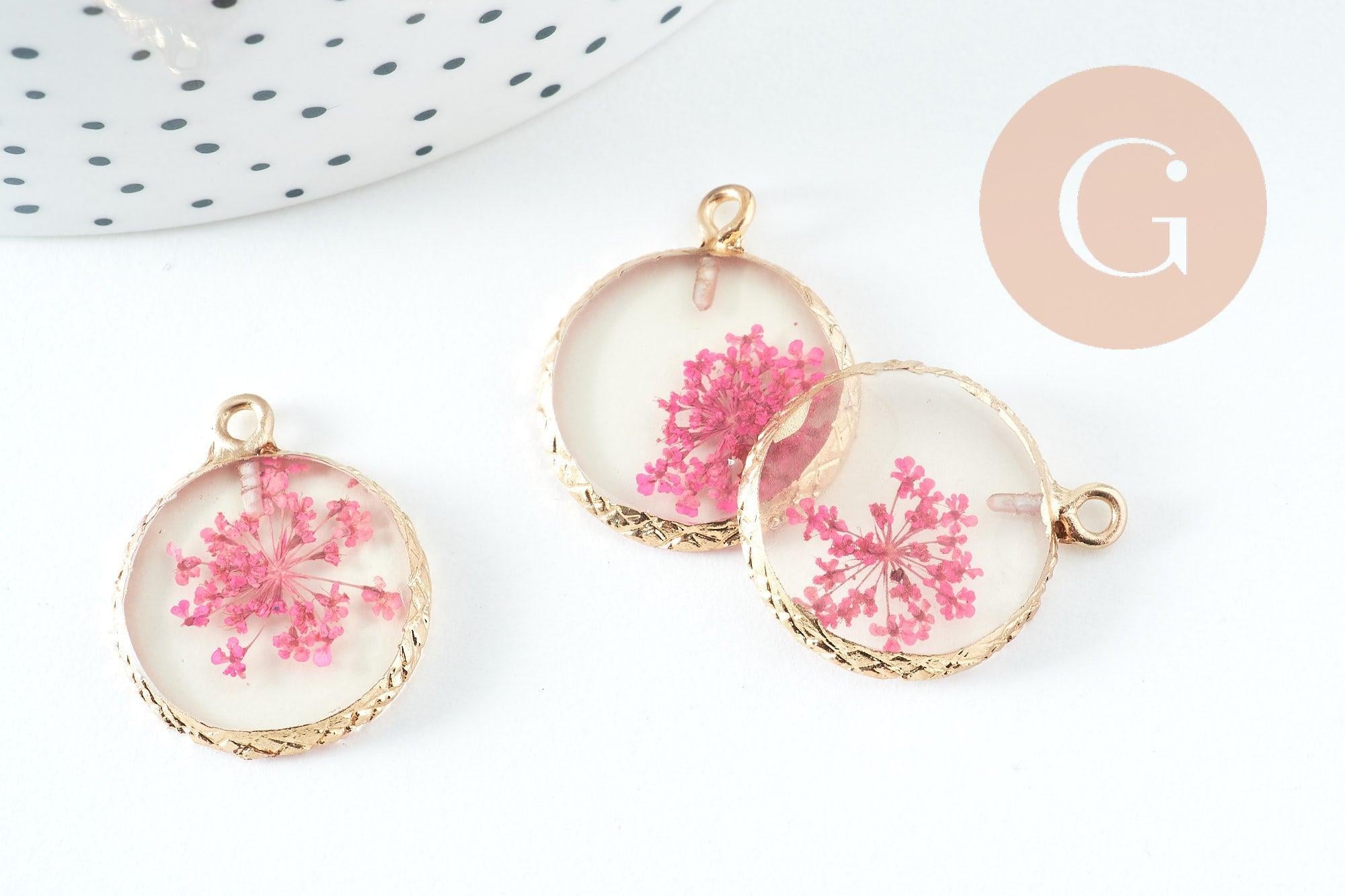 Pendentif rond résine fleurs séchées violettes 24mm, pendentif fleur de rose et or, création de bijoux originaux, x1 G5740