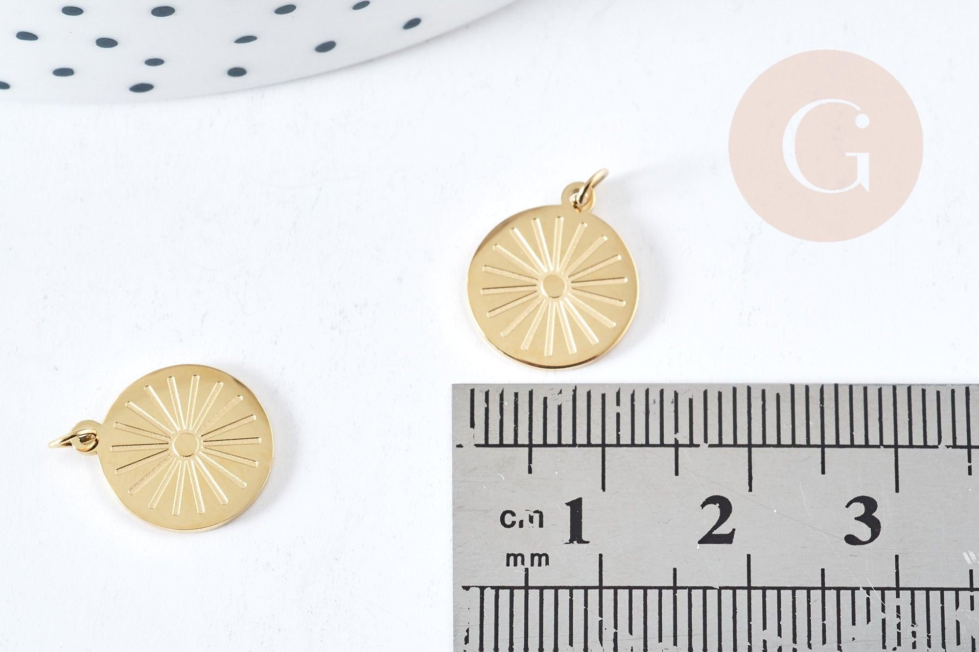 Pendentif rond soleil acier inoxydable 316L doré IP 14mm, x1 (G8741)