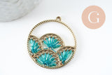 Pendentif rond zamac doré tissé rocaille vert turquoise dentelle 37.5mm, x2 (G4133)