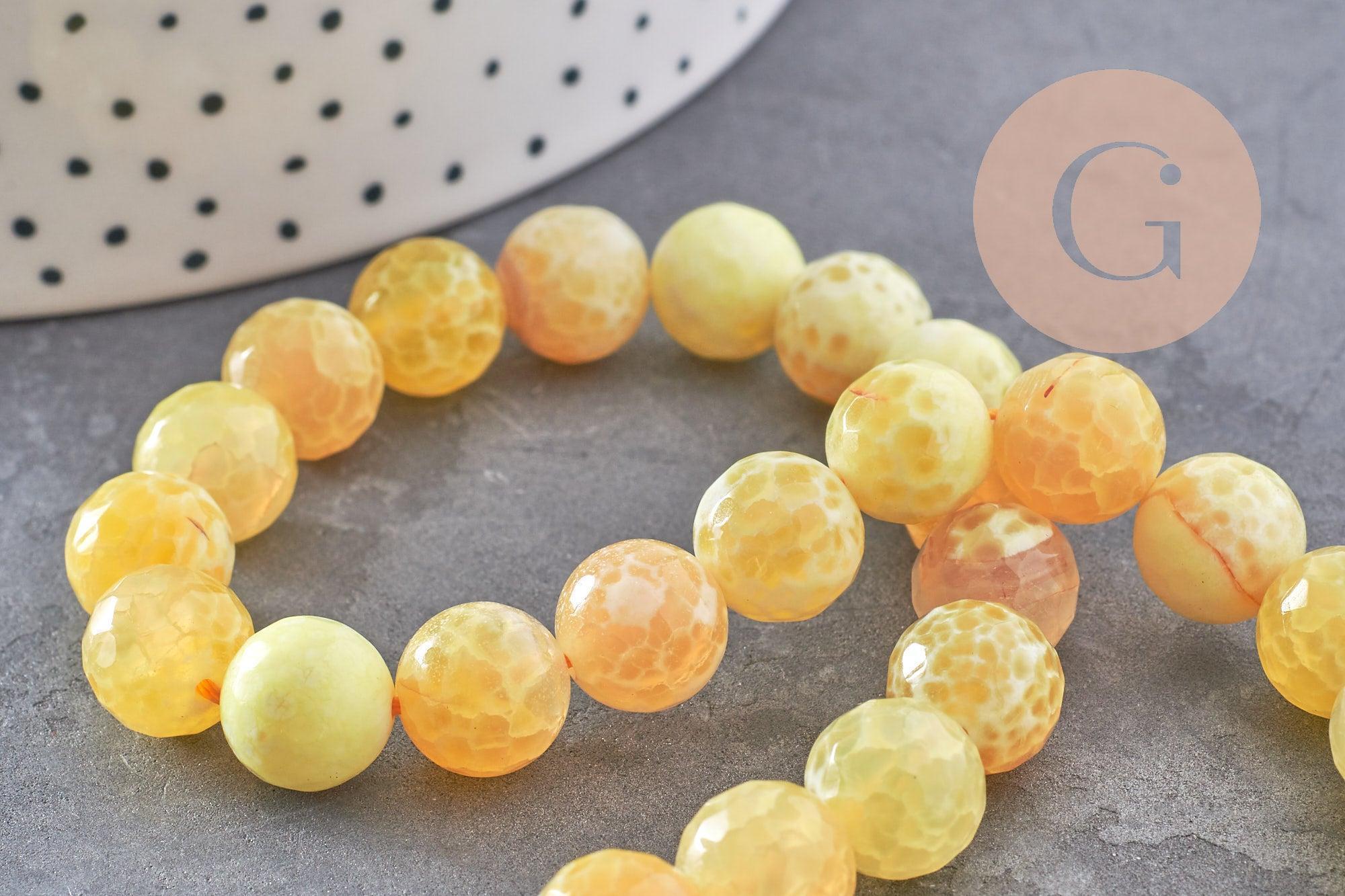 Perle agate feu rayée naturelle jaune facettée 10mm, x1 fil de 39cm (G2649)