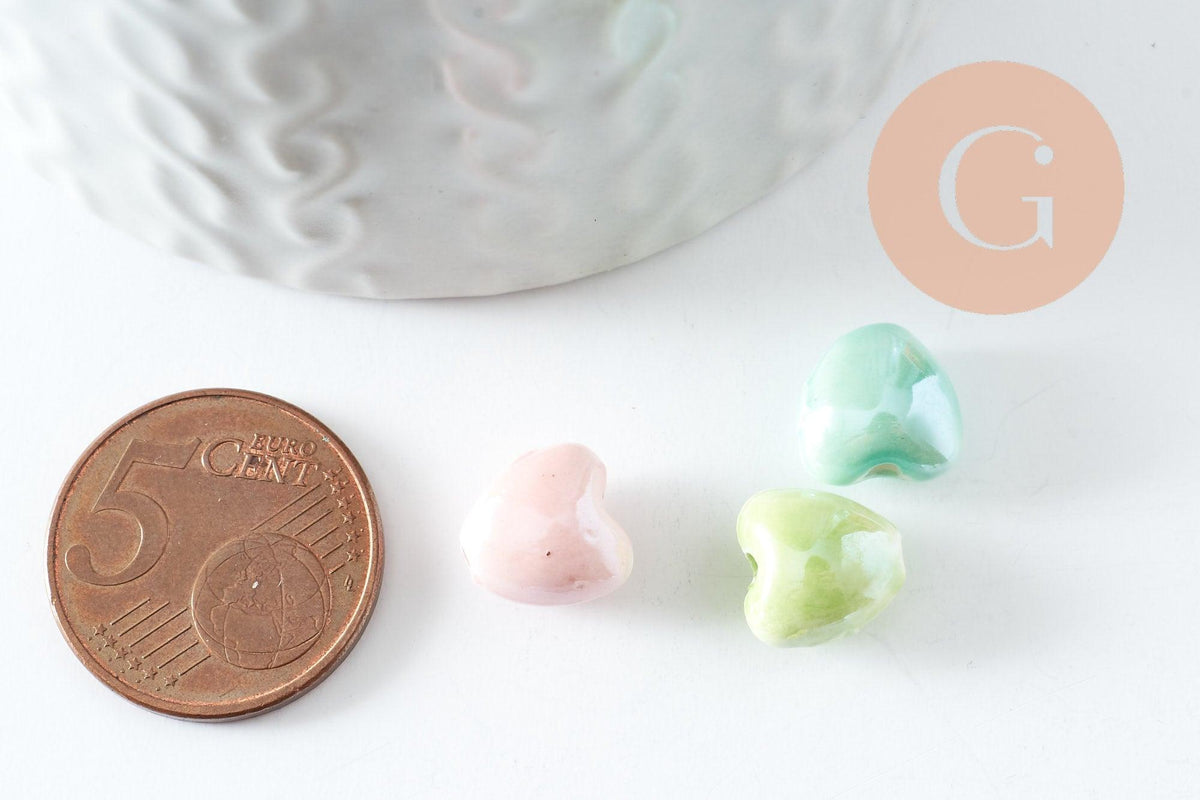 Perle coeur porcelaine multicolore irisé 12mm, x5 (G9772)