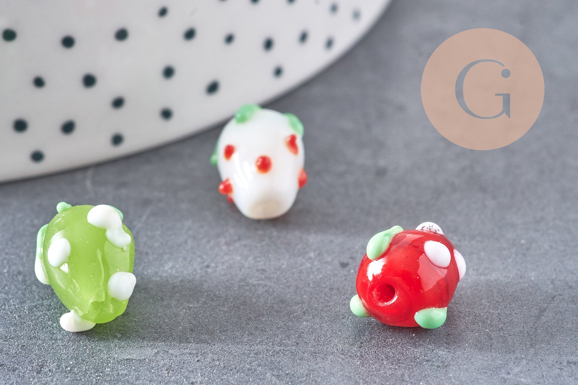 Perle fraise fruit rouge verre tchèque artsianal multicolore 25mm, x5 (G3254)