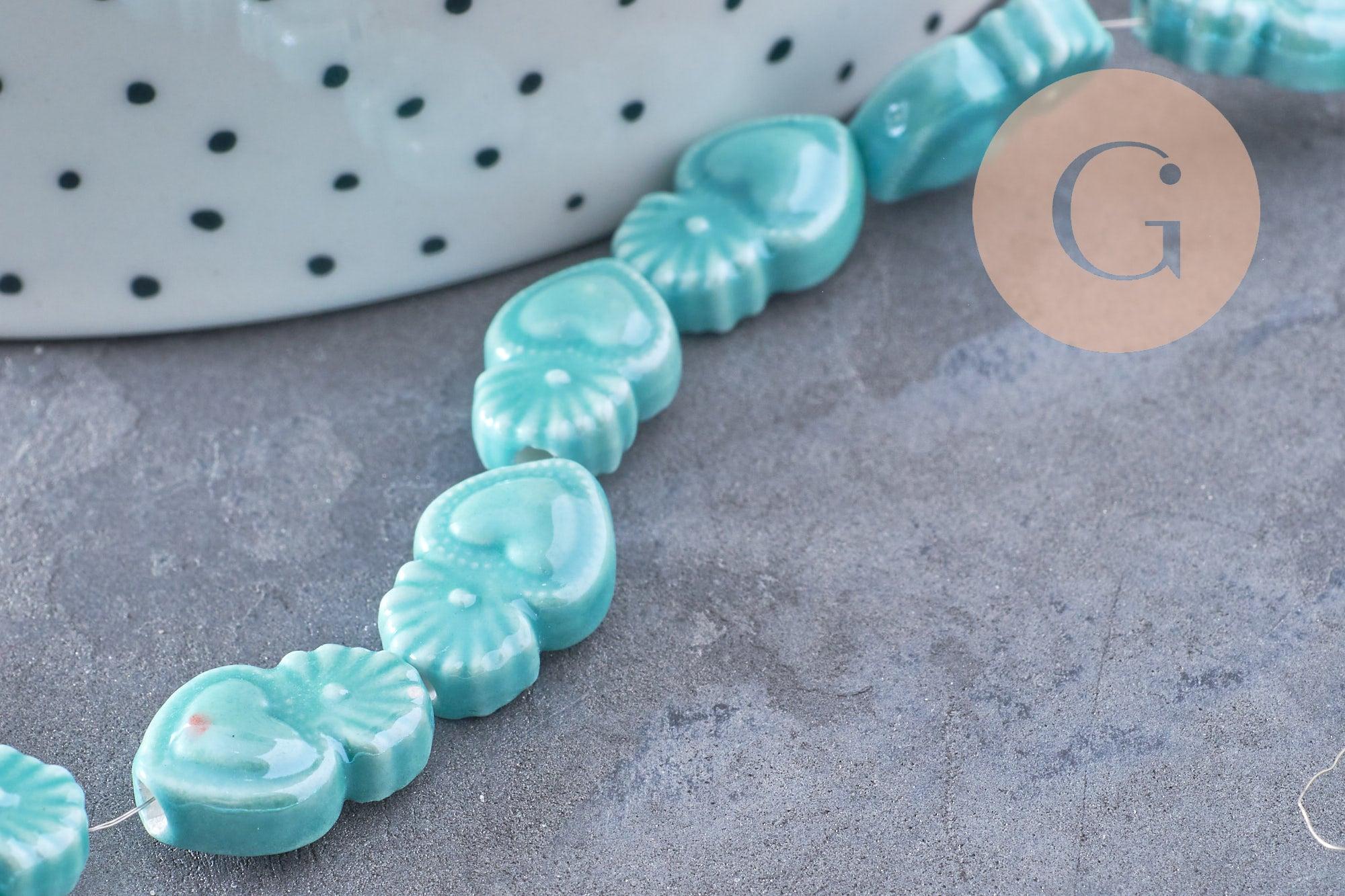 Perle porcelaine turquoise coeur irisé, perle céramique bleu, 16mm, x20 (G3973)