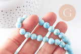 Perle ronde jade naturel turquoise et or 8mm, x1 fil de 40cm (G5211)