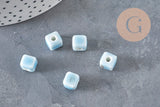 Cuentas cubo de cerámica azul claro 8mm, x5 (G11240)