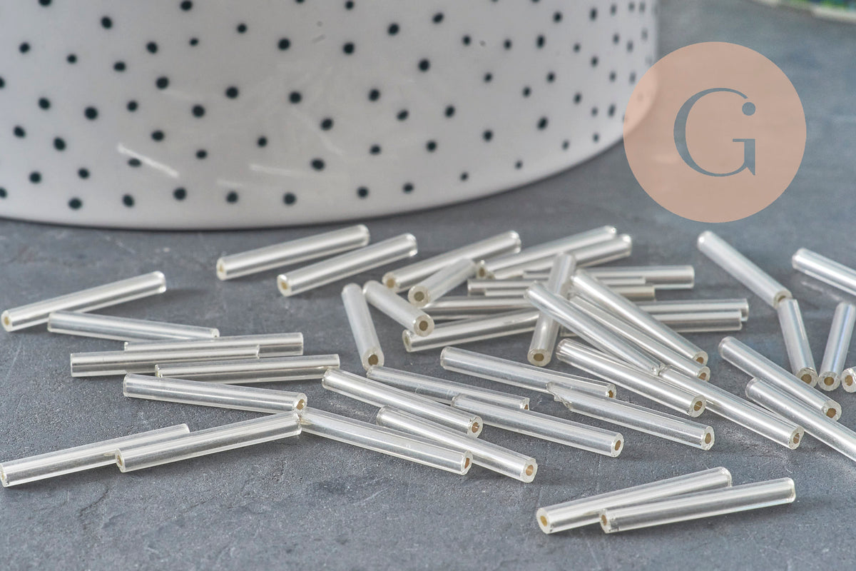 Perles rocaille Tube verre argent métallisé 20mm x 2.5mm, long tube,perle argentées, x 10gr G1163-Perles-Gingerlily Perles